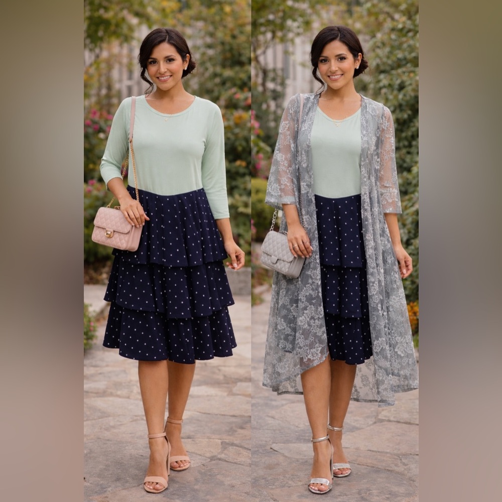 LULAROE Mint Green duster with Navy Polka Dot Tiered  Dress